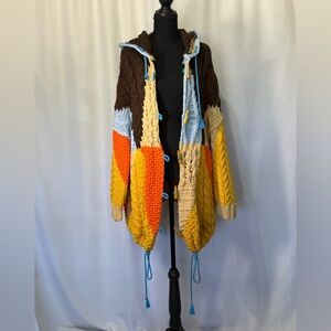 Free People Chunky Colorblock Hooded Cardigan - Brown, Yellow, Orange crocheted